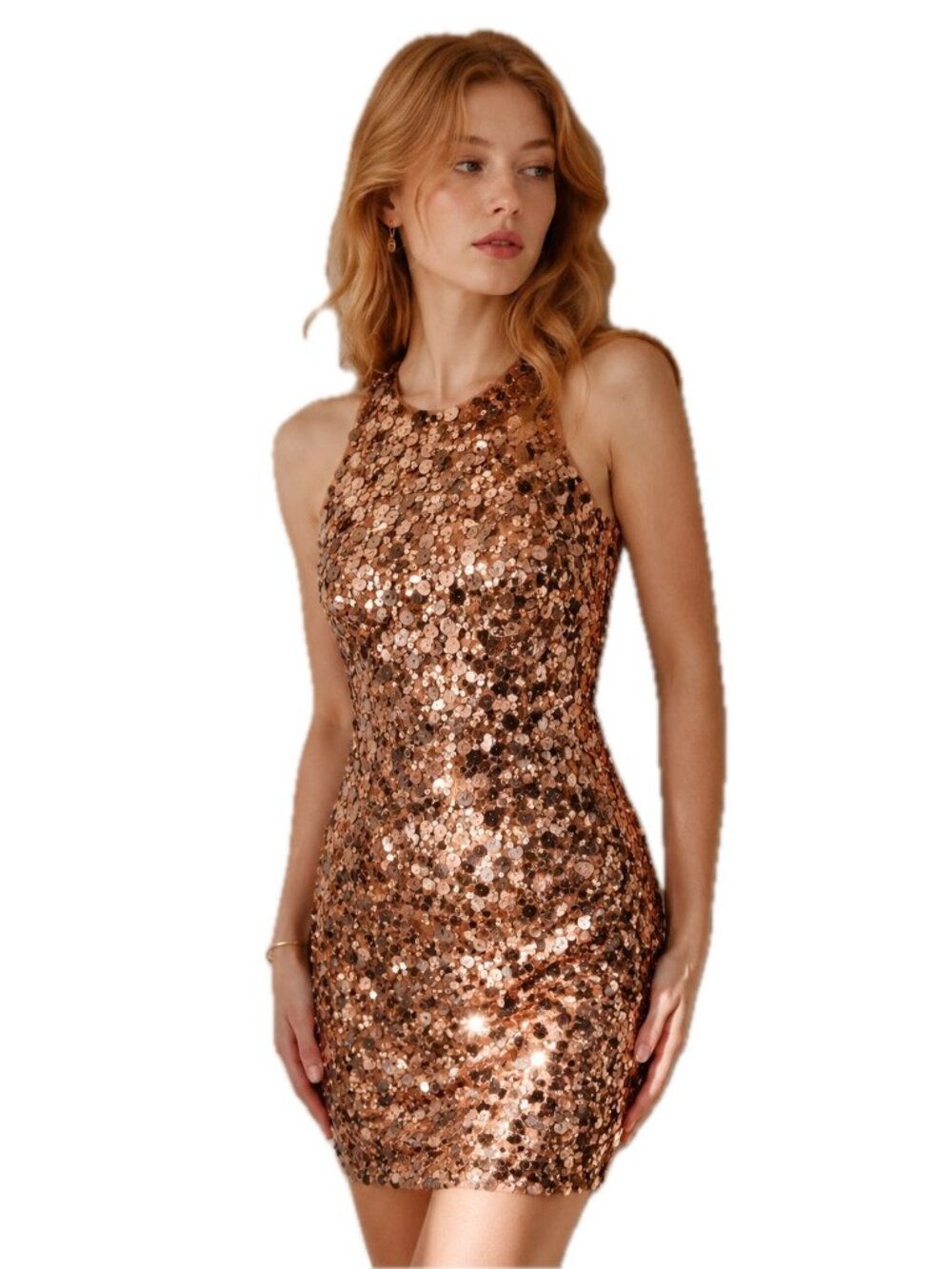 Aidan Mattox Mini Dress Sexy Nude Sequined Sheath Copper Pink Halter Sz 8 NWT